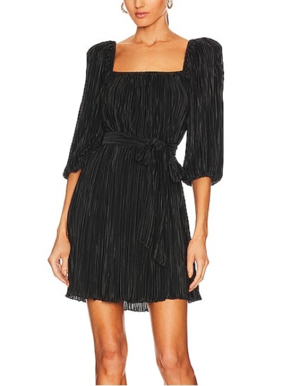 LPA Jackie Pleated Square-Neck Mini Dress Black Long Elastic Sleeve Tie-Waist